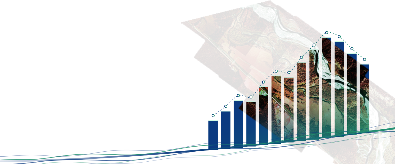 Aerial imagery of the Nyack floodplain overlaid with a rising data chart